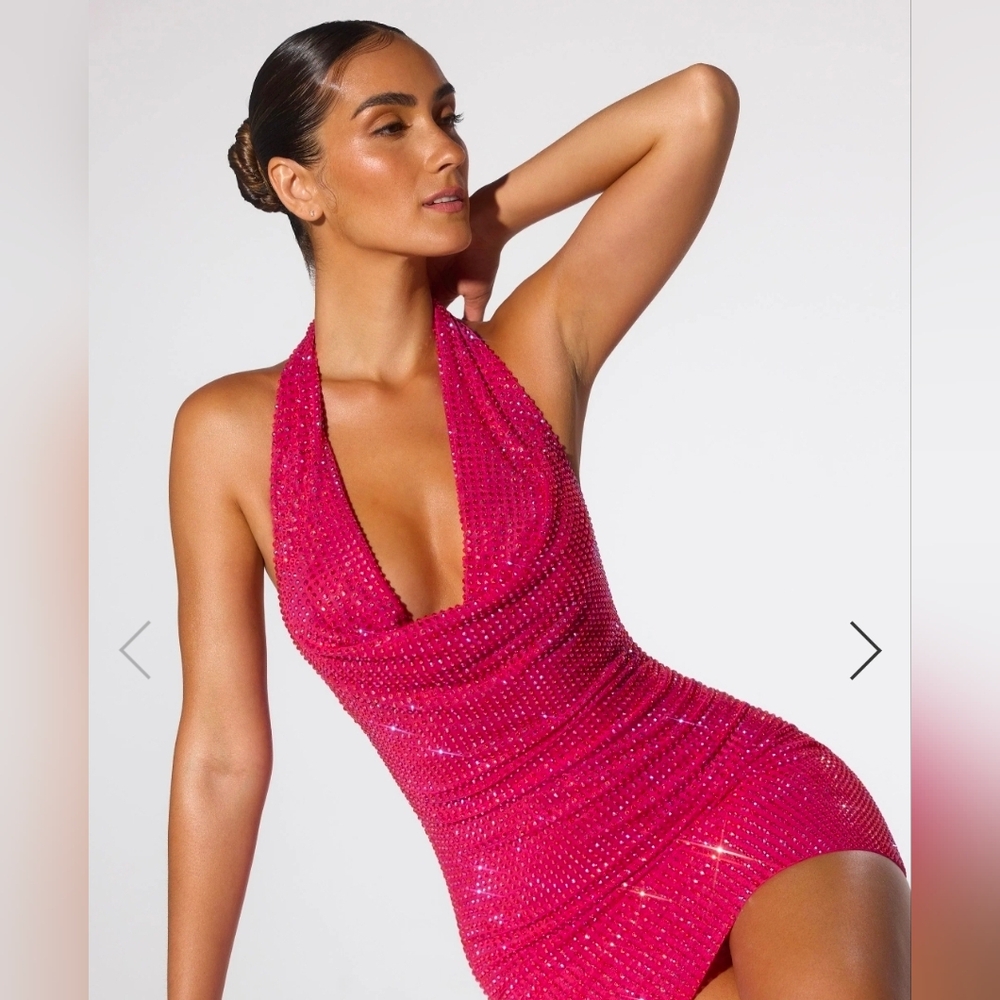 Oh Polly Hot Pink Sequin Halter Mini Dress